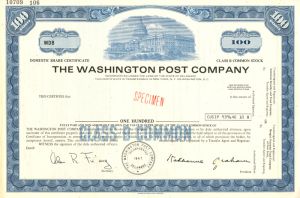 Washington Post Co. - Specimen Stock Certificate - Very Historic Co.